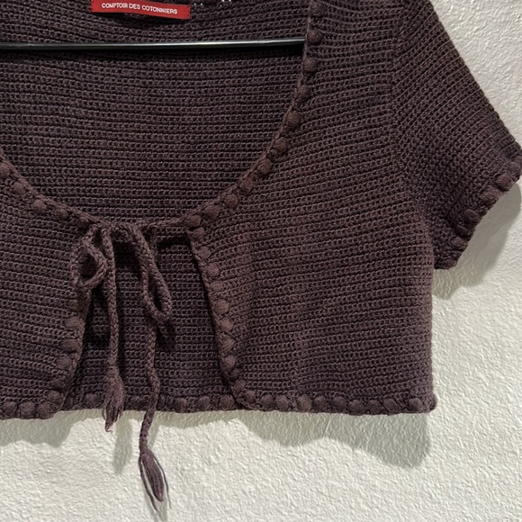 Comptoir Des Cotonniers Chocolate Brown Crocheted Knit Cropped Sweater Cardigan - Picture 2 of 6